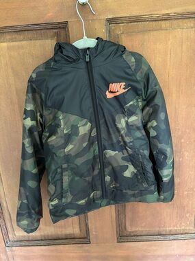 Nike Camo Hooded Jacket - Black & Green with Orange Logo